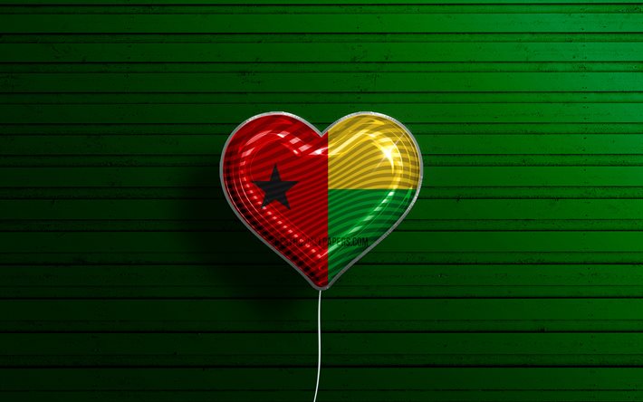 Amo la Guinea-Bissau, 4k, palloncini realistici, sfondo di legno verde, paesi africani, cuore della bandiera della Guinea-Bissau, paesi preferiti, bandiera della Guinea-Bissau, palloncino con bandiera, Guinea-Bissau, amore Guinea-Bissau