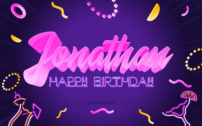 お誕生日おめでとうジョナサン, 4k, 紫のパーティーの背景, ジョナサン, クリエイティブアート, ジョナサンお誕生日おめでとう, ジョナサンの名前, ジョナサンの誕生日, 誕生日パーティーの背景