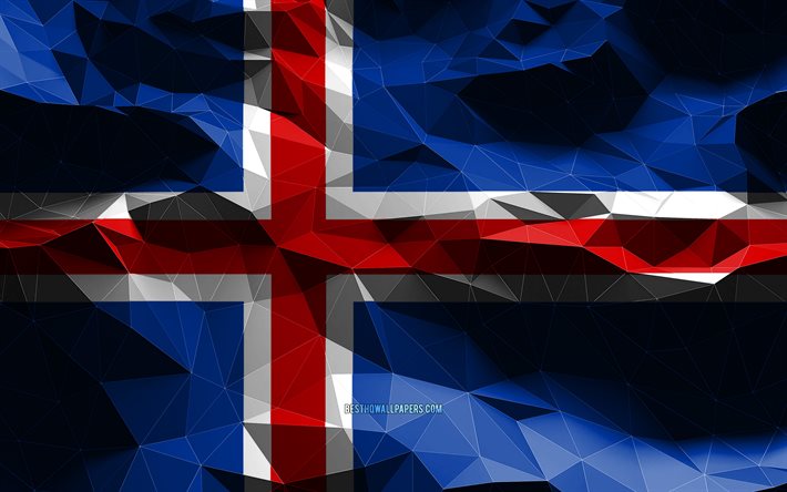 4k, drapeau islandais, art low poly, pays europ&#233;ens, symboles nationaux, drapeau de l&#39;Islande, drapeaux 3D, Islande, Europe, drapeau 3D de l&#39;Islande