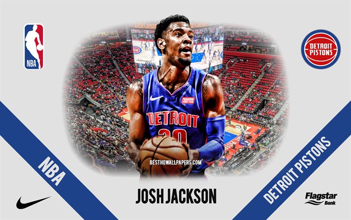Josh Jackson, Detroit Pistons, amerikkalainen koripallopelaaja, NBA, muotokuva, USA, koripallo, Little Caesars Arena, Detroit Pistons logo