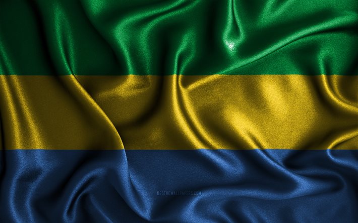 Bandiera del Gabon, 4k, bandiere ondulate di seta, paesi africani, simboli nazionali, bandiera del Gabon, bandiere in tessuto, arte 3D, Gabon, Africa, bandiera 3D del Gabon