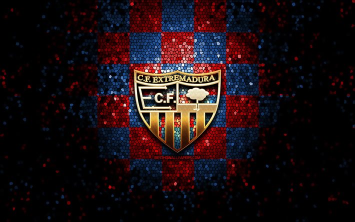 Extremadura FC, logo de paillettes, La Liga 2, fond quadrill&#233; bleu rouge, Segunda, football, club de football espagnol, logo d&#39;Estr&#233;madure, art de la mosa&#239;que, LaLiga 2, Extremadura UD