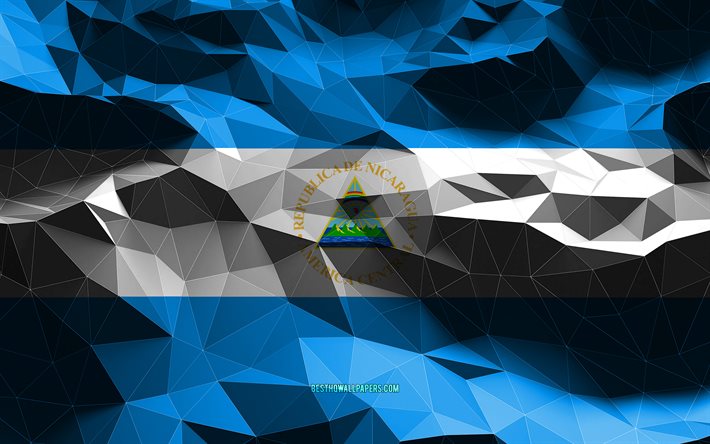 4k, drapeau nicaraguayen, art low poly, pays d&#39;Am&#233;rique du Nord, symboles nationaux, drapeau du Nicaragua, drapeaux 3D, drapeau Nicaragua, Nicaragua, Am&#233;rique du Nord, drapeau 3D Nicaragua