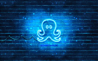 Octopus neon icon, 4k, blue background, neon symbols, Octopus, creative, neon icons, Octopus sign, animals signs, Octopus icon, animals icons