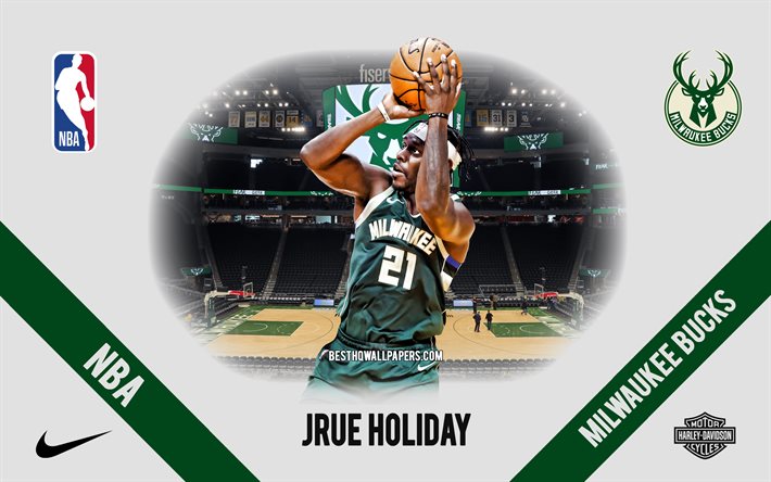 Jrue Holiday, Milwaukee Bucks, joueur de basket-ball am&#233;ricain, NBA, portrait, USA, basket-ball, Fiserv Forum, logo Milwaukee Bucks