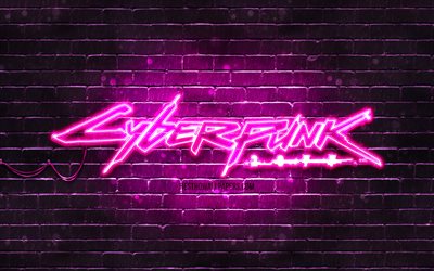 Cyberpunk 2077 purple logo, 4k, purple brickwall, artwork, Cyberpunk 2077 logo, RPG, Cyberpunk 2077 neon logo, Cyberpunk 2077