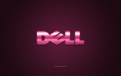 Dell logo, pink carbon background, Dell metal logo, Dell pink emblem, Dell, pink carbon texture