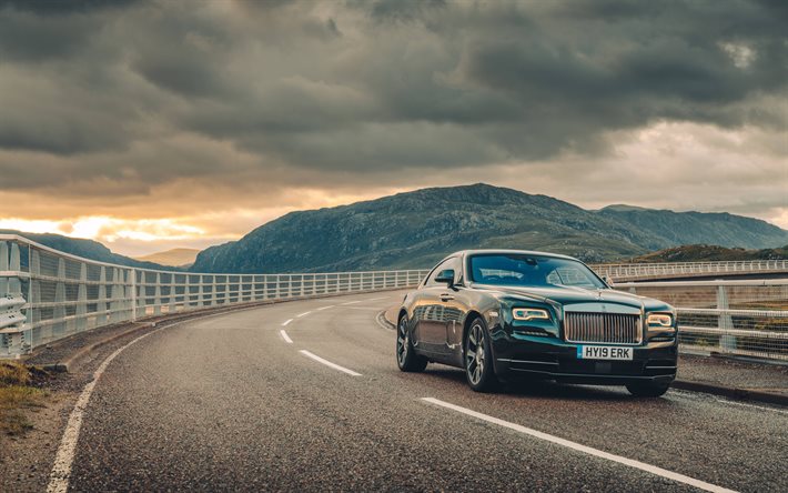 Rolls-Royce Wraith, 4k, rodovia, 2021 carros, especifica&#231;&#245;es do Reino Unido, carros de luxo, 2021 Rolls-Royce Wraith, Rolls-Royce
