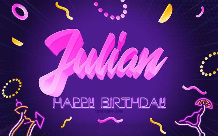 Grattis p&#229; f&#246;delsedagen Julian, 4k, Purple Party Background, Julian, kreativ konst, Grattis Julian f&#246;delsedag, Julian name, Julian Birthday, Birthday Party Background