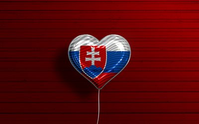 I Love Slovakia, 4k, realistic balloons, red wooden background, Slovak flag heart, Europe, favorite countries, flag of Slovakia, balloon with flag, Slovak flag, Slovakia, Love Slovakia