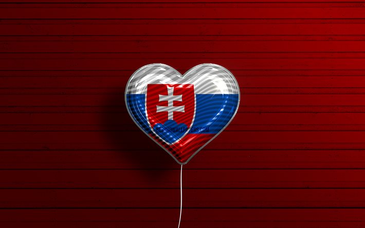 Amo la Slovacchia, 4k, palloncini realistici, fondo di legno rosso, cuore della bandiera slovacca, Europa, paesi preferiti, bandiera della Slovacchia, palloncino con bandiera, bandiera slovacca, Slovacchia, amore Slovacchia