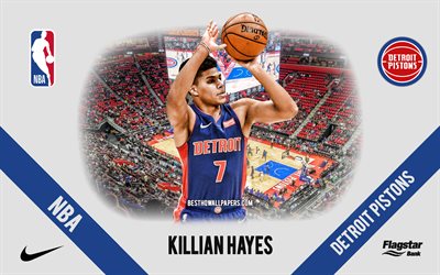 Killian Hayes, Detroit Pistons, French Basketball Player, NBA, portrait, USA, basketball, Little Caesars Arena, Detroit Pistons logo