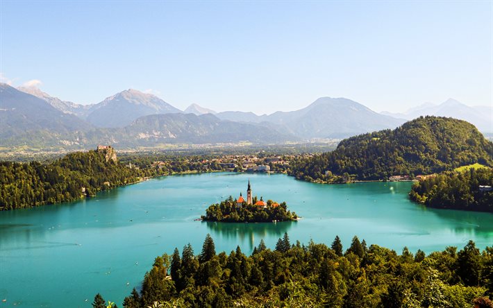 4k, Lago Bled, vista a&#233;rea, ver&#227;o, Alpes Julianos, bela natureza, Eslov&#234;nia, Europa