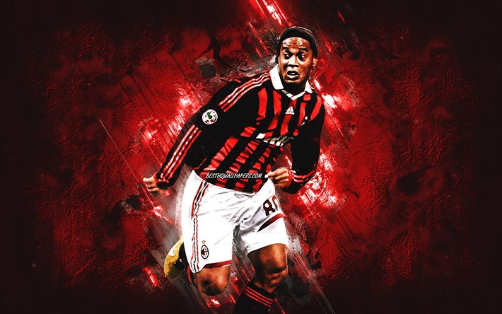 Ronaldinho, AC Milan, fond de pierre rouge, joueur de football br&#233;silien, football, Ronaldo de Assis Moreira