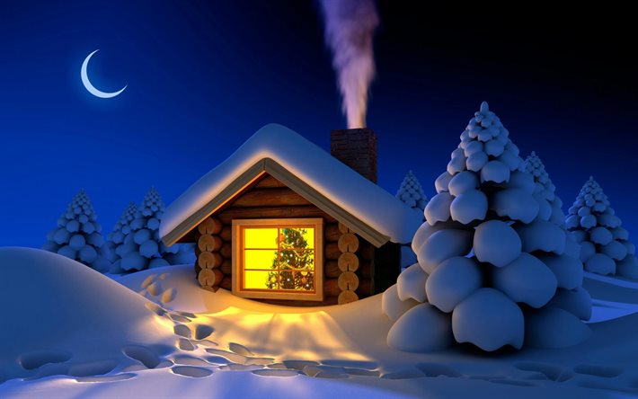 winter, cartoon landscapes, snowdrifts, night, foresters hut, 3D art, winter landscapes, moon