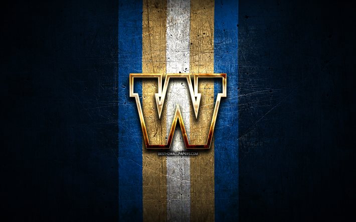 Winnipeg Blue Bombers, logo dorato, CFL, sfondo blu metallico, squadra di calcio canadese, Canadian Football League, logo Winnipeg Blue Bombers, football canadese