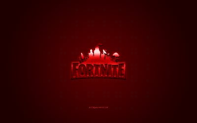 Fortnite, popular game, Fortnite red logo, red carbon fiber background, Fortnite logo, Fortnite emblem