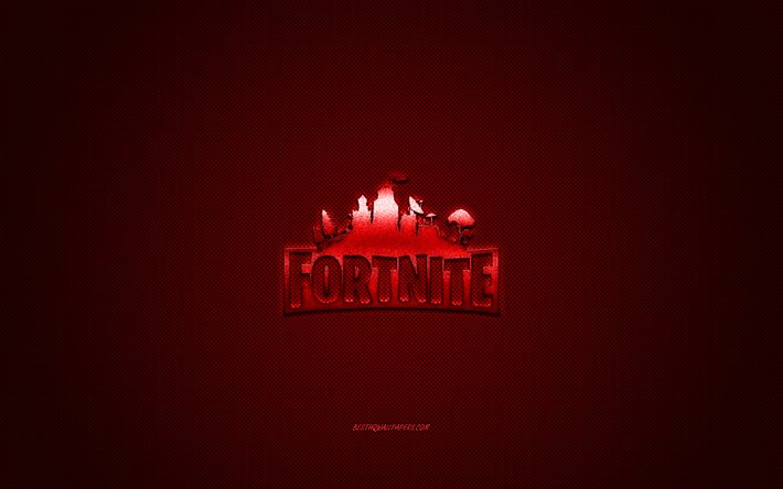 Fortnite, popular game, Fortnite red logo, red carbon fiber background, Fortnite logo, Fortnite emblem