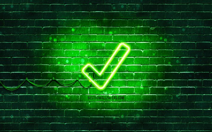 Segno di spunta icona al neon, 4k, sfondo verde, simboli al neon, segno di spunta, icone al neon, segni del computer, icona del segno di spunta, icone del computer