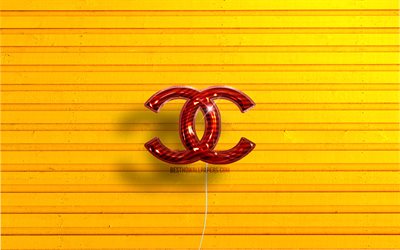 Logo Chanel, 4K, ballons r&#233;alistes rouges, marques de mode, logo Chanel 3D, fonds en bois jaune, Chanel