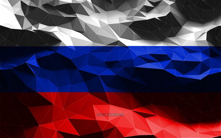 4k, bandiera russa, arte low poly, paesi europei, simboli nazionali, bandiera della Russia, bandiere 3D, bandiera Russia, Russia, Europa, bandiera Russia 3D