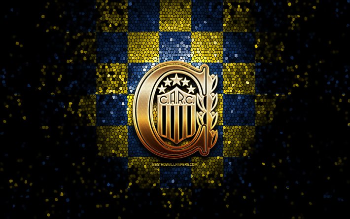 Rosario Central FC, parlak logo, Arjantin Primera Division, mavi sarı damalı arka plan, futbol, Arjantin futbol kul&#252;b&#252;, Rosario Central logosu, mozaik sanatı, CA Rosario Central, Club Atletico Rosario Central