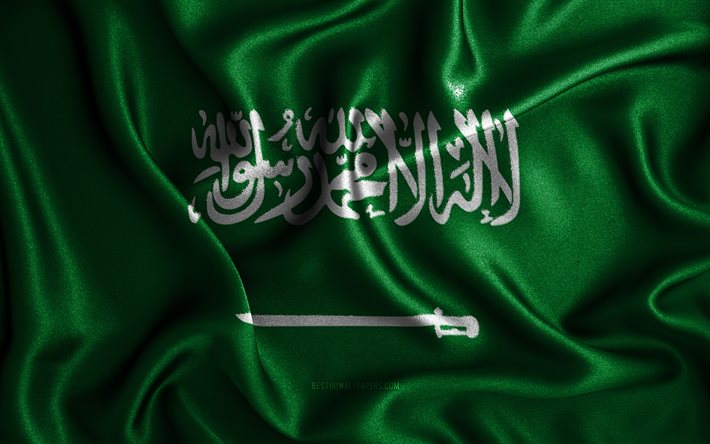 Saudiarabiska flaggan, 4k, v&#229;giga sidenflaggor, asiatiska l&#228;nder, nationella symboler, Saudiarabiens flagga, tygflaggor, 3D-konst, Saudiarabien, Asien, Saudiarabiens 3D-flagga