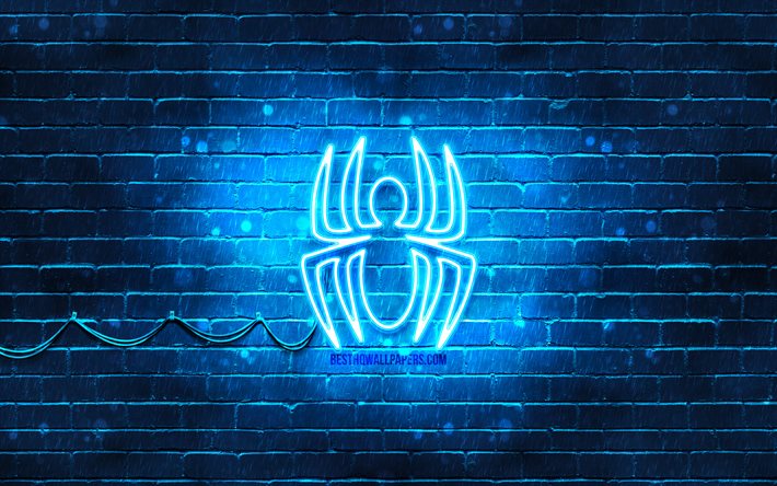 Logotipo do Homem-Aranha azul, 4k, parede de tijolos azul, logotipo do Homem-Aranha, Homem-Aranha, super-her&#243;is, logotipo de n&#233;on do Homem-Aranha
