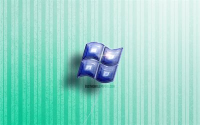 4k, Windows 3D logo, blue realistic balloons, OS, Windows logo, blue wooden backgrounds, Windows