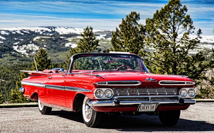 Chevrolet Impala, 4k, retrobilar, 1959-bilar, HDR, r&#246;d cabriolet, 1959 Chevrolet Impala, amerikanska bilar, Chevrolet