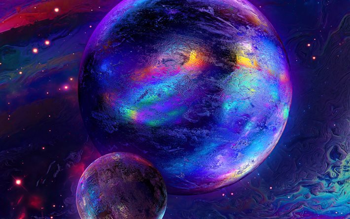 planetas coloridos, 4k, criativo, gal&#225;xia, espa&#231;o abstrato, nebulosa, planetas 3D, arte