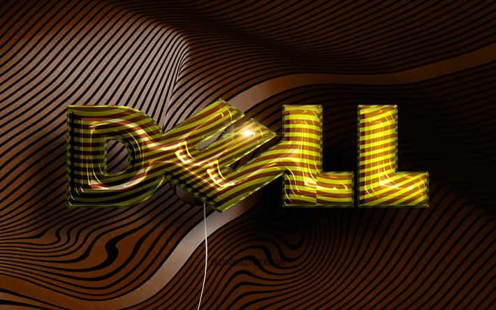 デルの3Dロゴ, 4K, 金色のリアルな風船, デルのロゴ, 茶色の波状の背景, デル