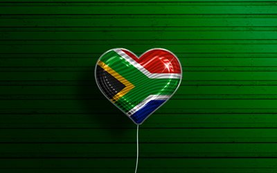 I Love South Africa, 4k, realistic balloons, green wooden background, African countries, South African flag heart, favorite countries, flag of South Africa, balloon with flag, South African flag, South Africa, Love South Africa