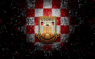 Stoke City FC, glitter logo, EFL Championship, red white checkered background, soccer, english football club, Stoke City logo, mosaic art, football, FC Stoke City