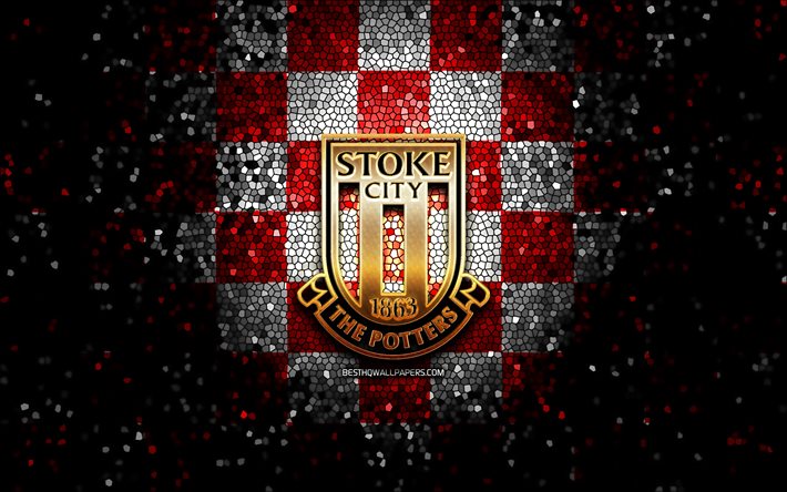 Stoke City FC, logo glitter, campionato EFL, sfondo a scacchi bianco rosso, calcio, squadra di calcio inglese, logo Stoke City, arte del mosaico, FC Stoke City