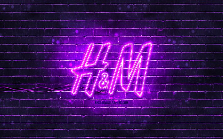 Logotipo violeta H e M, 4k, parede de tijolos violeta, logotipo H e M, marcas de moda, logotipo neon H e M, H e M