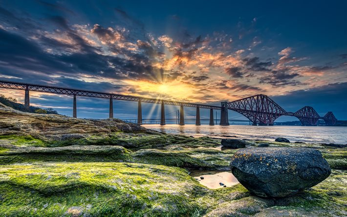 Forth Bridge, 4k, auringonlasku, rannikko, Skotlanti, Iso-Britannia, HDR, rautatiesillat, kaunis luonto