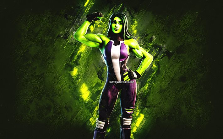 Fortnite She Hulk Skin, Fortnite, p&#228;&#228;henkil&#246;t, vihre&#228; kivitausta, She Hulk, Fortnite-nahat, She Hulk Skin, She Hulk Fortnite, Fortnite-hahmot