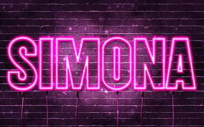 Simona, 4k, pap&#233;is de parede com nomes, nomes femininos, nome Simona, luzes de neon roxas, Simona Birthday, Happy Birthday Simona, nomes femininos italianos populares, foto com nome Simona