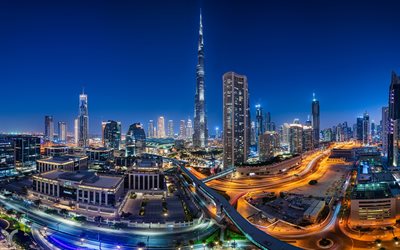 Burj Khalifa, Dubai, noite, pôr do sol, arranha-céus, Emirados Árabes Unidos, paisagem urbana de Dubai, panorama de Dubai