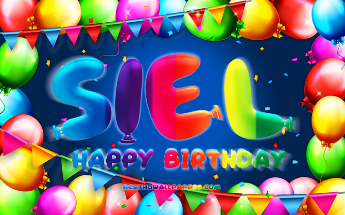 誕生日おめでとう, 4k, カラフルなバルーンフレーム, シエル名, 青い背景, シエルの誕生日, 人気のあるドイツの男性の名前, 誕生日のコンセプト, シエル