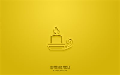 Burning candle 3d icon, yellow background, 3d symbols, Burning candle, holiday icons, 3d icons, Burning candle sign, holiday 3d icons