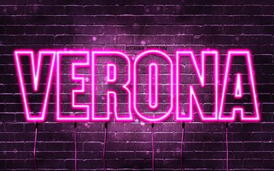 Verona, 4k, wallpapers with names, female names, Verona name, purple neon lights, Verona Birthday, Happy Birthday Verona, popular italian female names, picture with Verona name