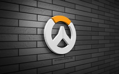 Overwatch 3D logo, 4K, gray brickwall, creative, online games, Overwatch logo, 3D art, Overwatch