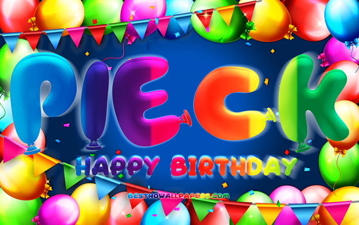 Buon compleanno Pieck, 4k, cornice palloncino colorato, nome Pieck, sfondo blu, Pieck buon compleanno, Pieck compleanno, nomi maschili tedeschi popolari, concetto di compleanno, Pieck