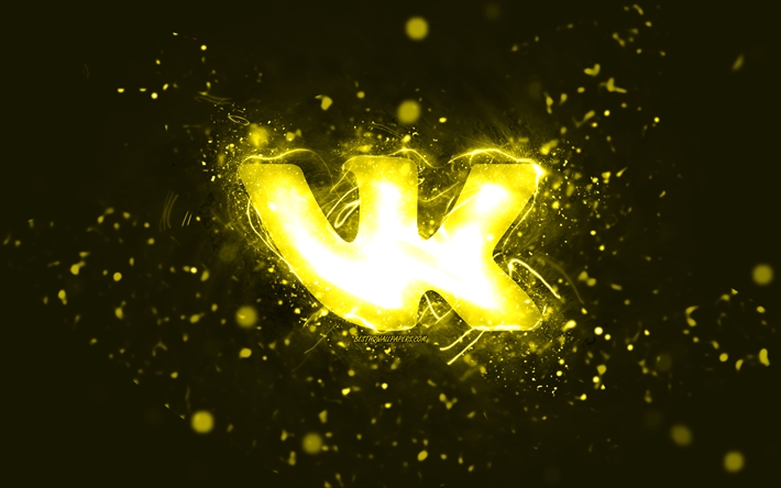 VKontakte gul logotyp, 4k, gula neonljus, kreativ, gul abstrakt bakgrund, VKontakte logotyp, socialt n&#228;tverk, VKontakte