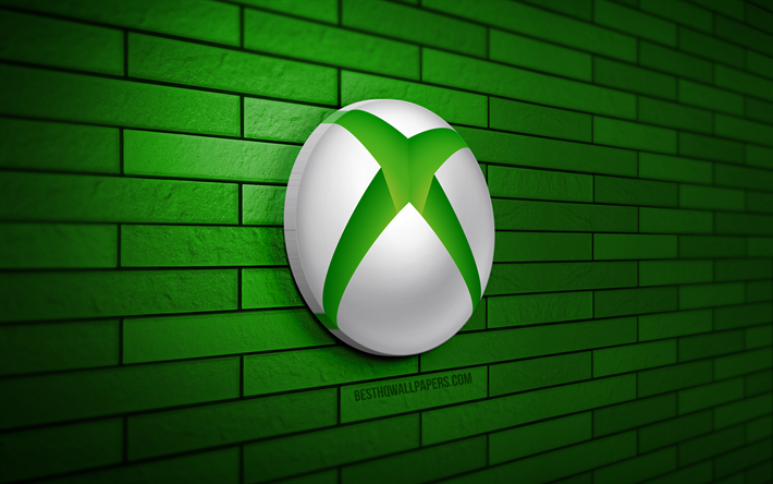 Xbox 3D logo, 4K, green brickwall, creative, brands, Xbox logo, 3D art, Xbox