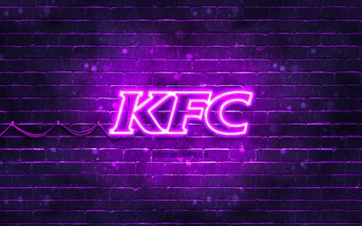 KFC violet logo, 4k, violet brickwall, KFC logo, brands, KFC neon logo, KFC