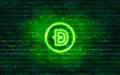 Dogecoin green logo, 4k, green brickwall, Dogecoin logo, cryptocurrency, Dogecoin neon logo, Dogecoin