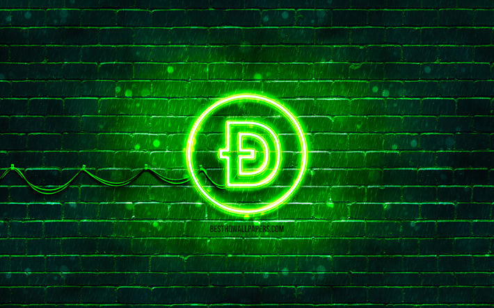 ドージコイングリーンロゴ, 4k, 緑のレンガの壁, ドージコインのロゴ, 仮想通貨, Dogecoinネオンロゴ, ドージコイン